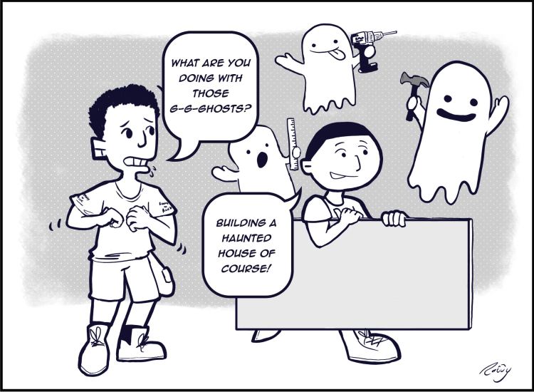 Cartoon image of one guy carrying skeetrock with ghosts around him, carrying hammers and drills. His friend says, "What are you doing with those g-g-g-hosts?" He responds, "Building a haunted house of course."